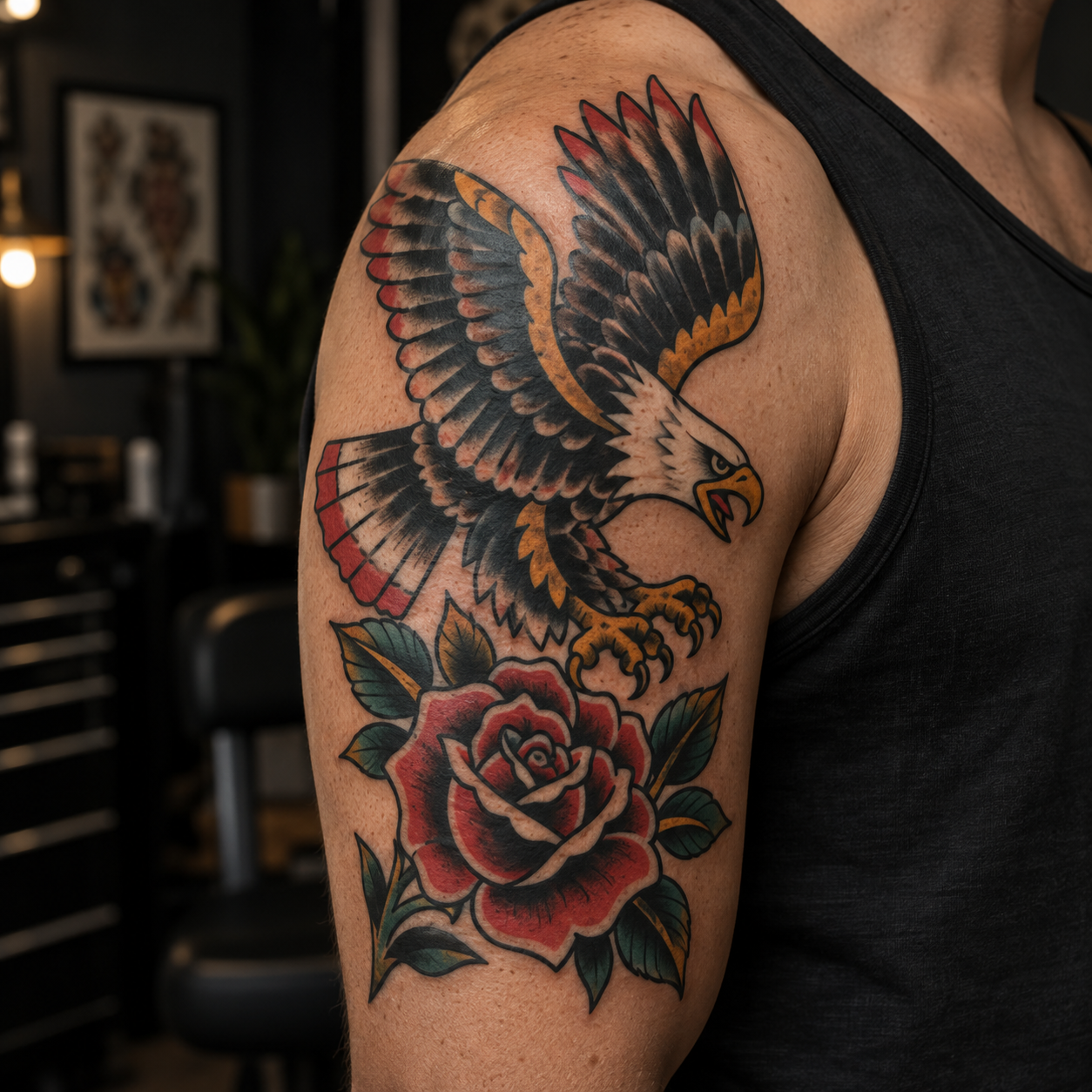 American traditional eagle and rose tattoo on an upper arm
