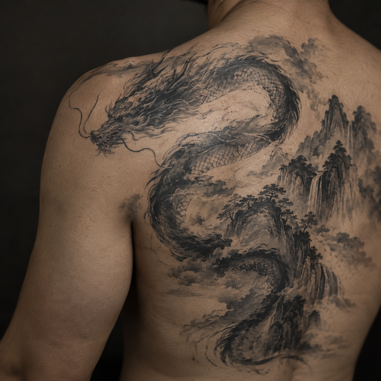 Chinese ink-inspired dragon and mountain tattoo across a shoulder and upper back