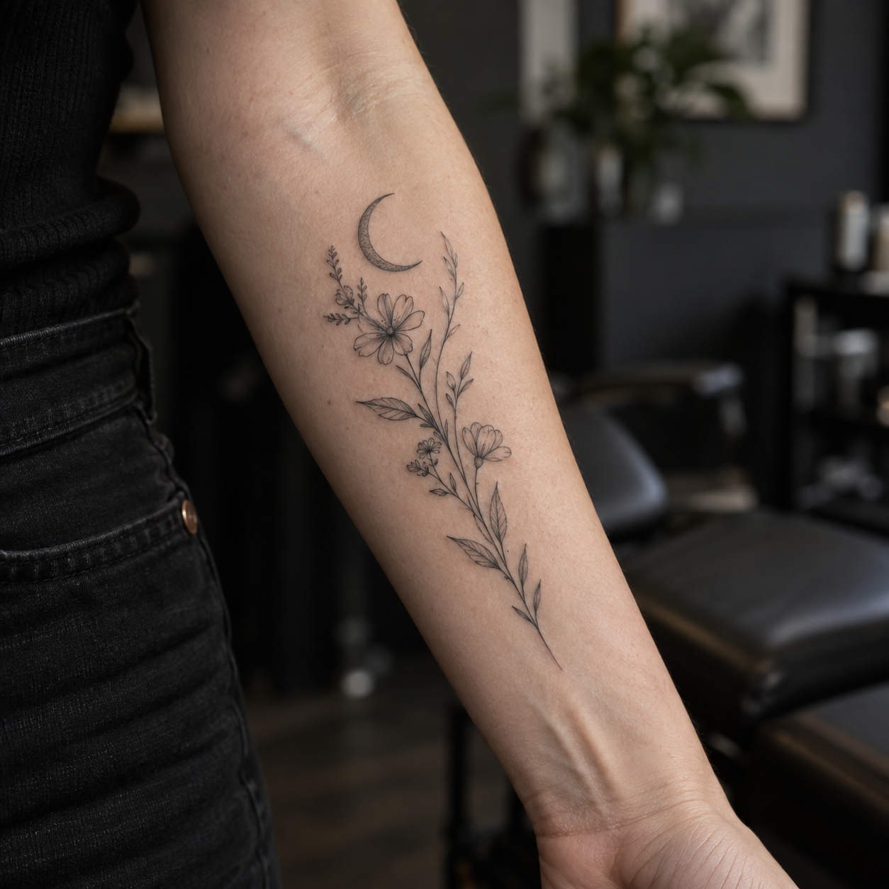 Fine line crescent moon and wildflower tattoo concept