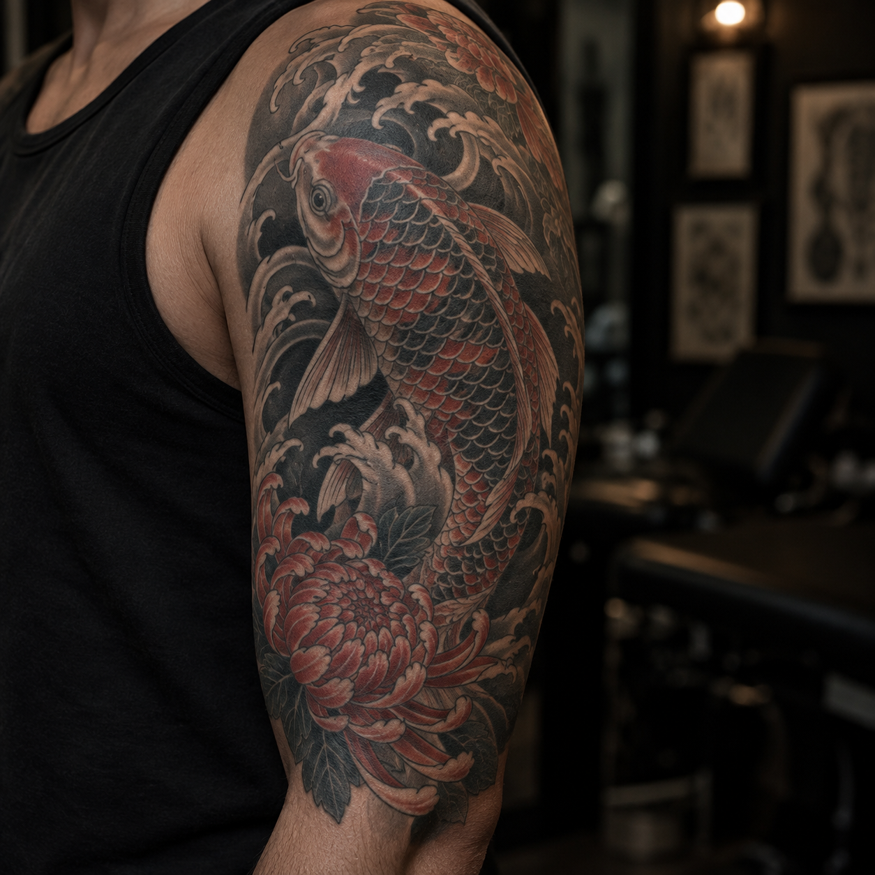 Japanese-inspired koi and chrysanthemum tattoo sleeve on an upper arm