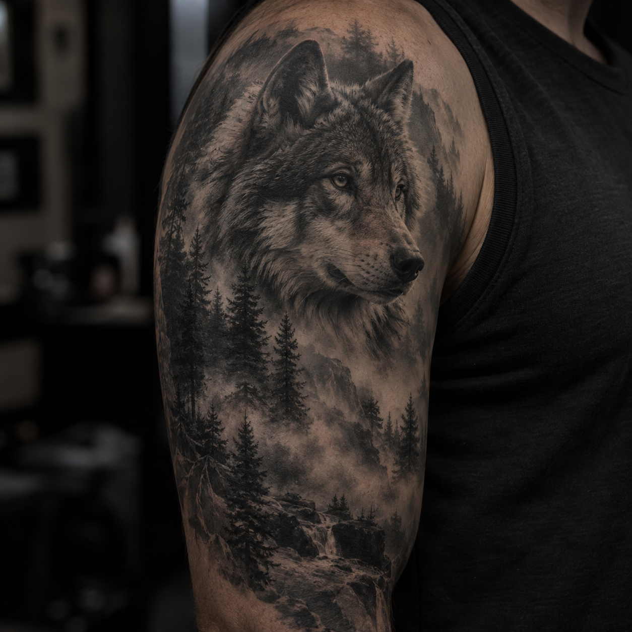 Illustrative mountain landscape tattoo concept